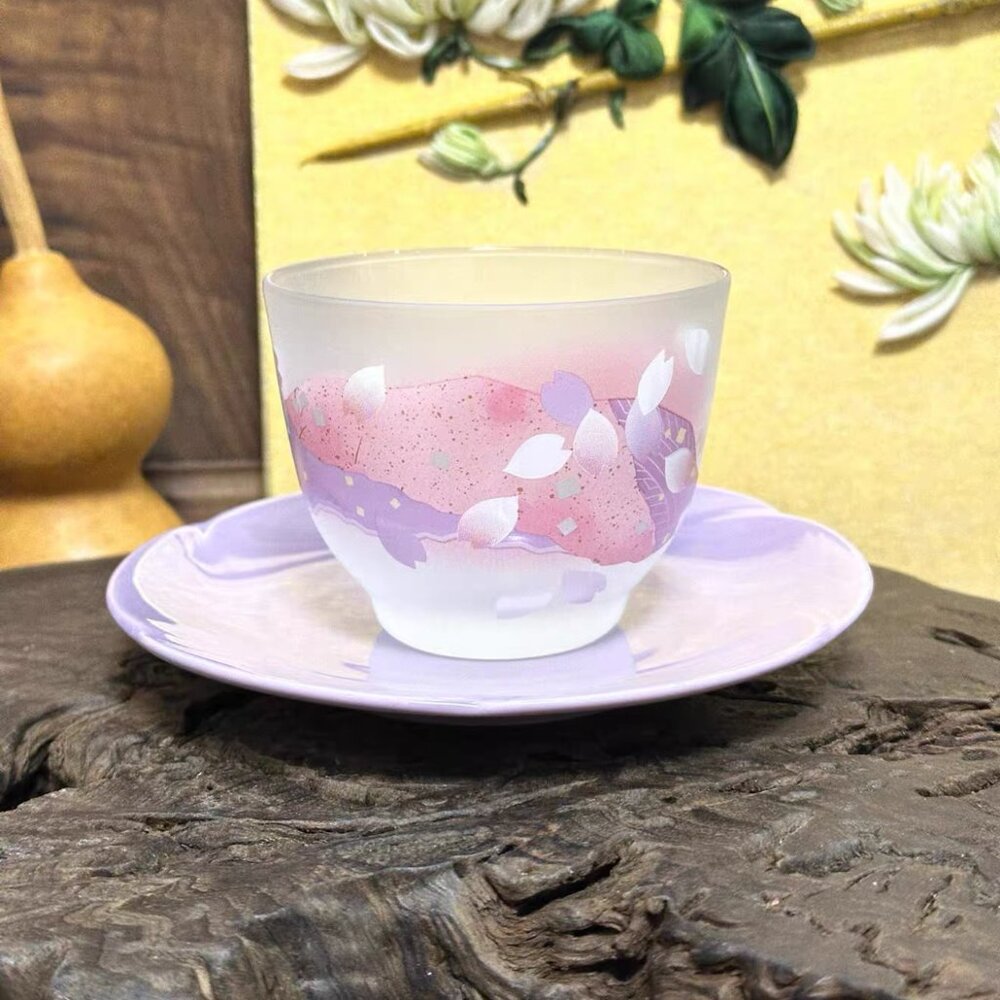 Purple Ceramic Cup & Saucer with Sakura Illustration